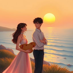 A modern romance scene set on a coastal landscape during a warm sunset