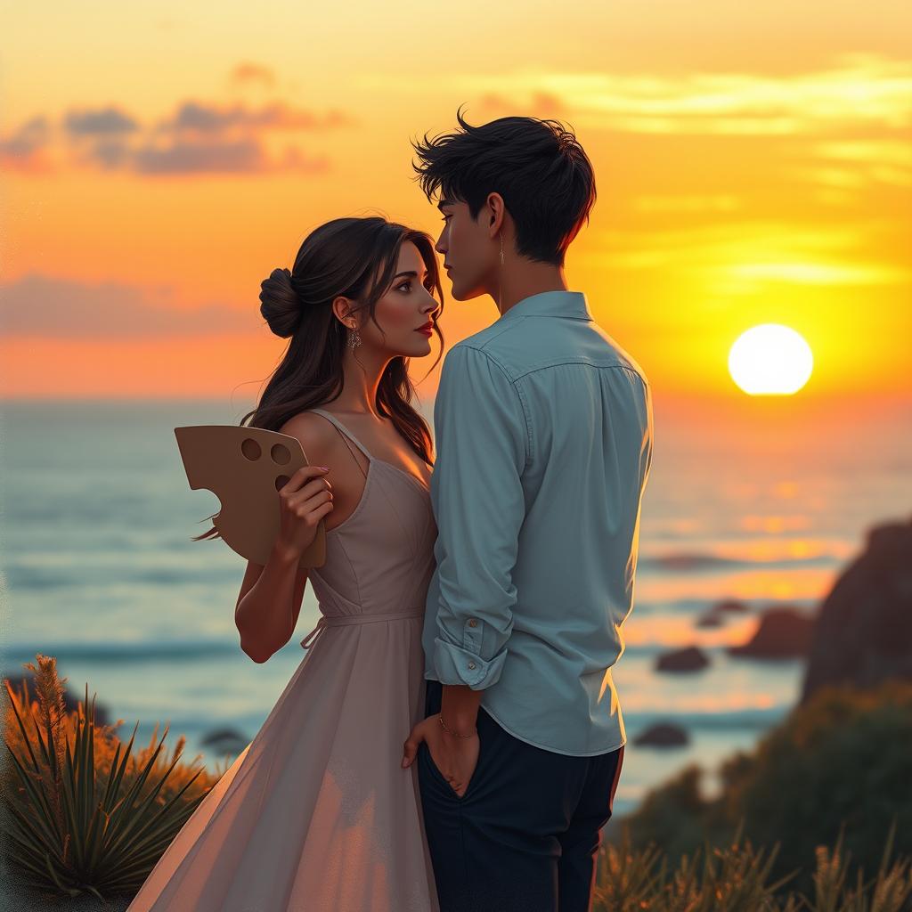 A modern romance scene set on a coastal landscape during a warm sunset