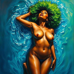 A polished, oil-based painting depicting a full nude body aerial view of a gorgeous black woman with a bright green tree afro, beautiful breasts, and a big booty, in a sensual pose looking upward