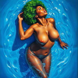 A polished, oil-based painting depicting a full nude body aerial view of a gorgeous black woman with a bright green tree afro, beautiful breasts, and a big booty, in a sensual pose looking upward