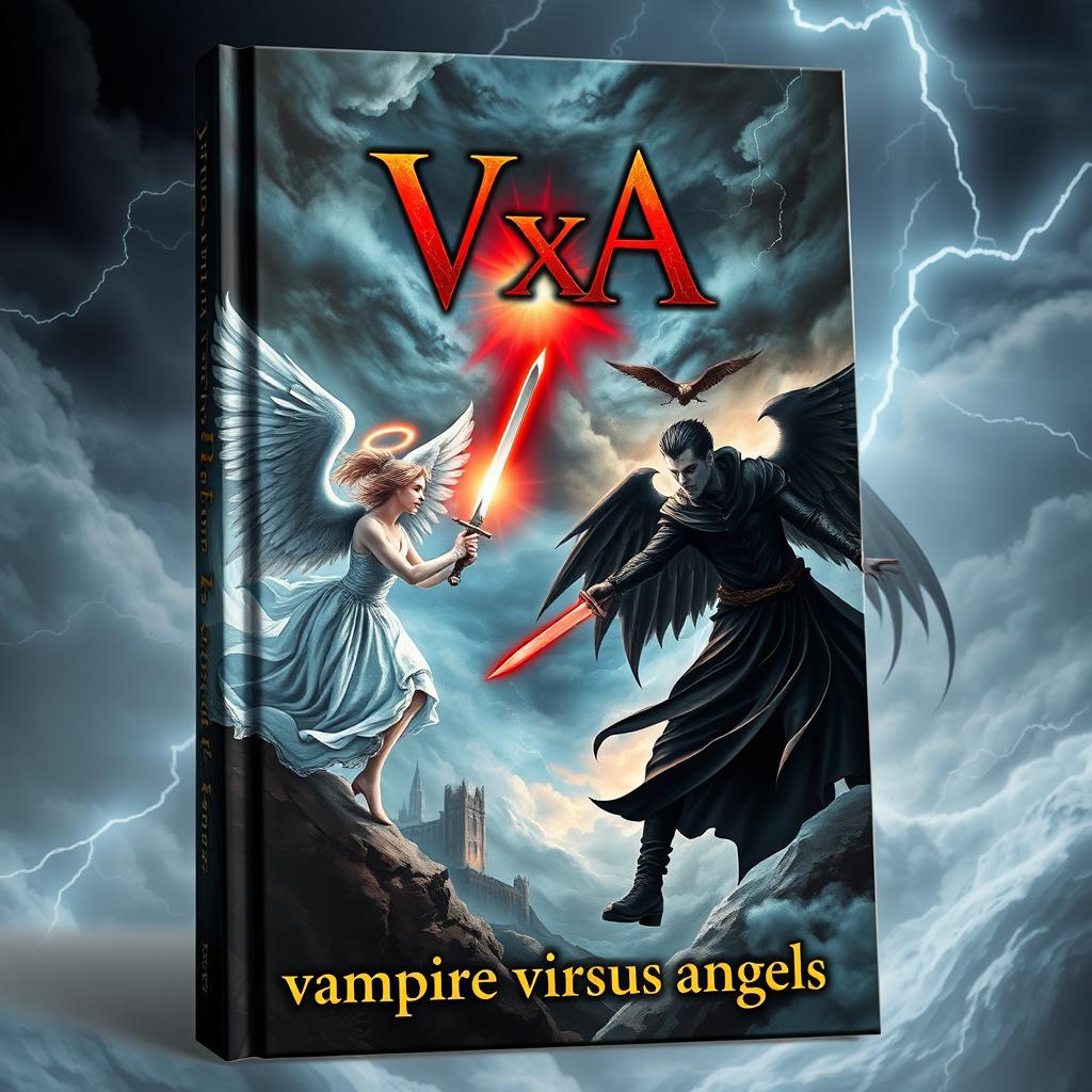 A captivating book cover for "VxA" with the subtitle "vampire versus angels"