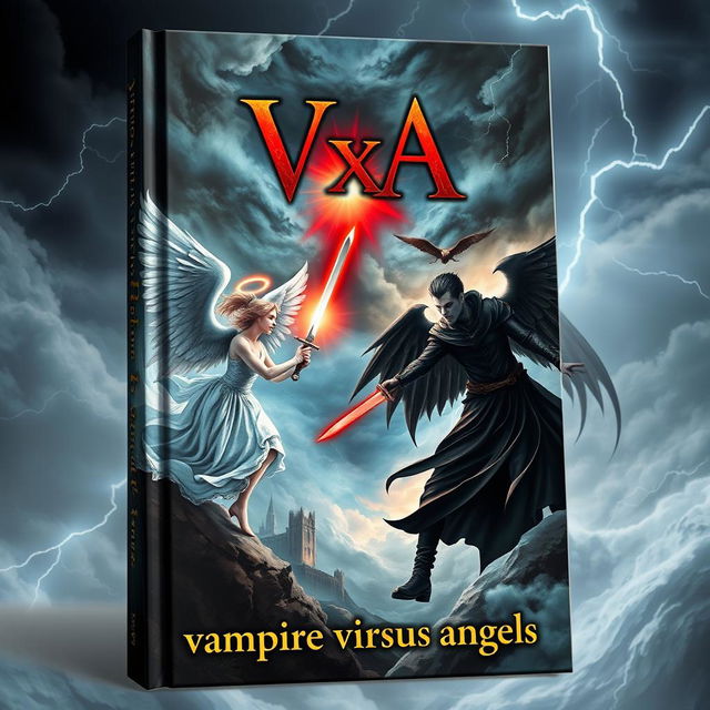 A captivating book cover for "VxA" with the subtitle "vampire versus angels"