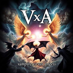 A captivating book cover for "VxA" with the subtitle "vampire versus angels"