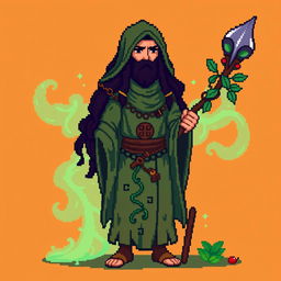 An 8-bit pixel art character of a druid in the style of Stardew Valley