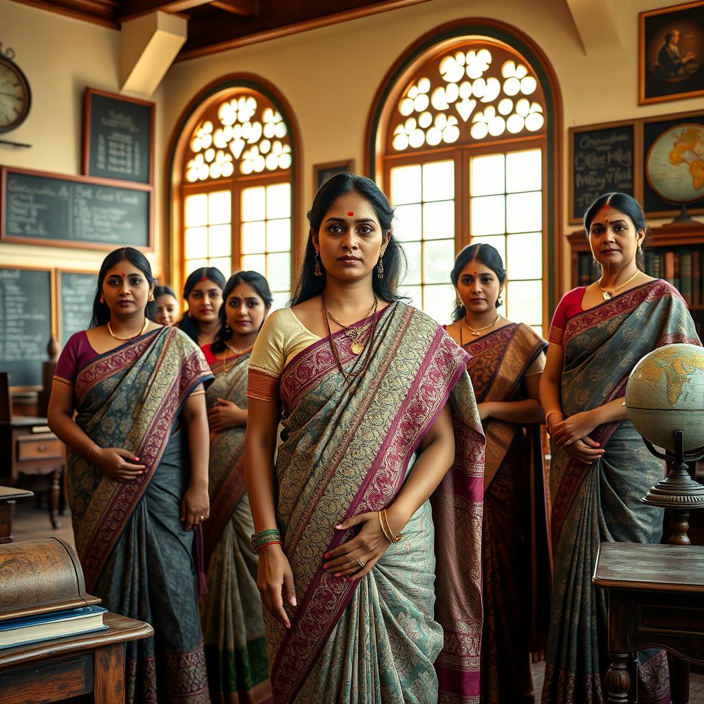 A group of statuesque Indian women with large breasts standing in an academic setting, tastefully adorned in intricately designed traditional saris, capturing their grace and poise