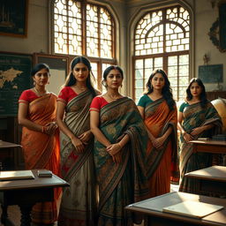 A group of statuesque Indian women with large breasts standing in an academic setting, tastefully adorned in intricately designed traditional saris, capturing their grace and poise