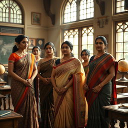 A group of statuesque Indian women with large breasts standing in an academic setting, tastefully adorned in intricately designed traditional saris, capturing their grace and poise