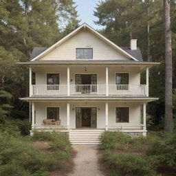 The house has slightly less modern influences, reverting back to its charm, now painted in a cozy cream color, nestled in either a peaceful forest or a serene beach.