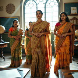 A group of statuesque Indian women with large breasts standing in an academic setting, tastefully adorned in intricately designed traditional saris, capturing their grace and poise