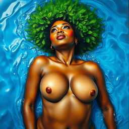 A polished, oil-based painting featuring a full nude macro up-close aerial body view of a gorgeous black woman with a bright green tree afro