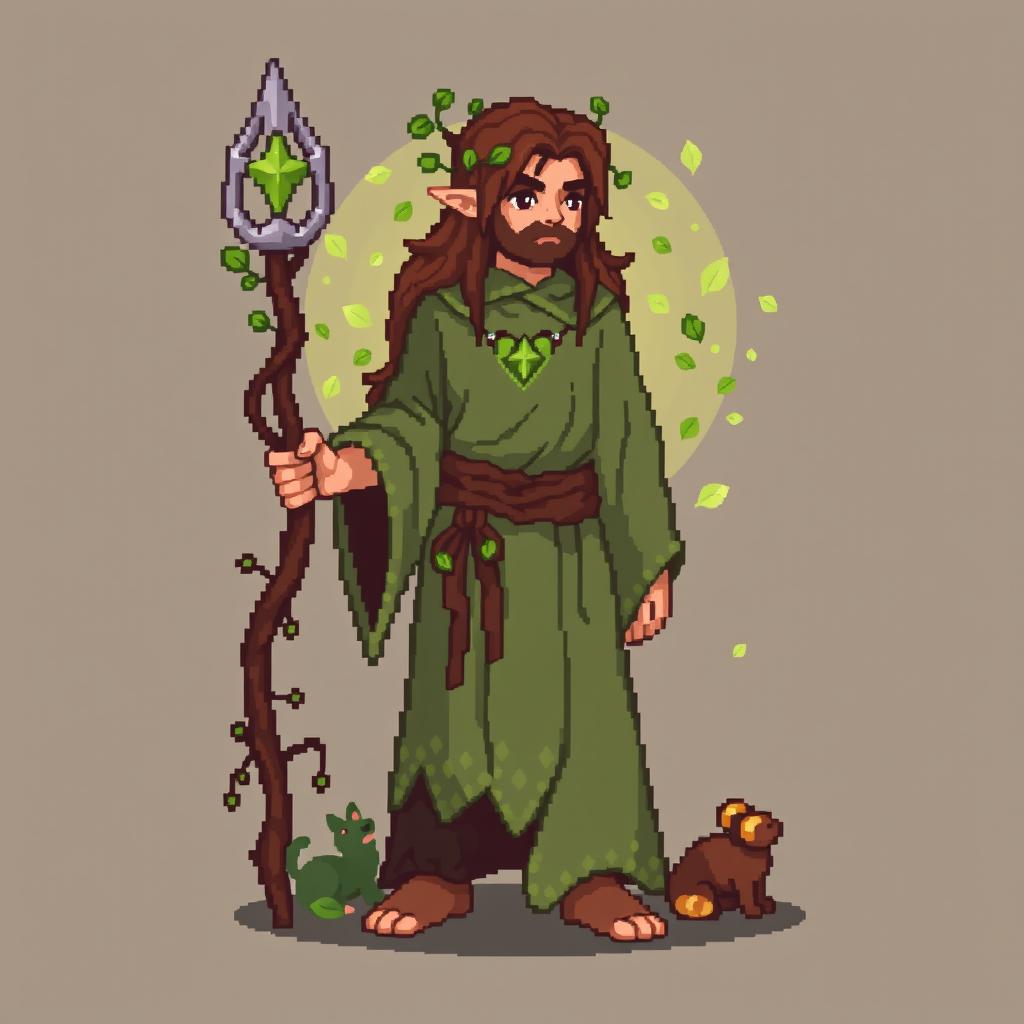 An 8-bit pixel art character of a druid