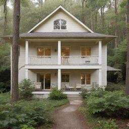 The house has slightly less modern influences, reverting back to its charm, now painted in a cozy cream color, nestled in either a peaceful forest or a serene beach.