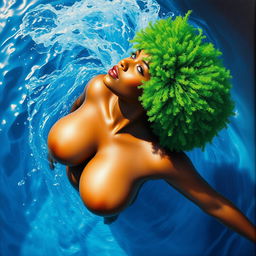 A polished, oil-based painting depicting a macro, up-close, aerial view of a full nude, gorgeous black woman with a bright green tree-like afro, beautiful breasts, and a big booty