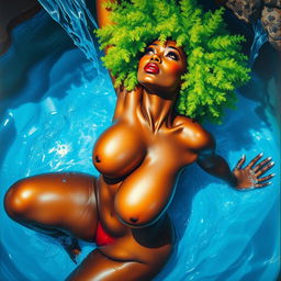 A polished, oil-based painting depicting a macro, up-close, aerial view of a full nude, gorgeous black woman with a bright green tree-like afro, beautiful breasts, and a big booty