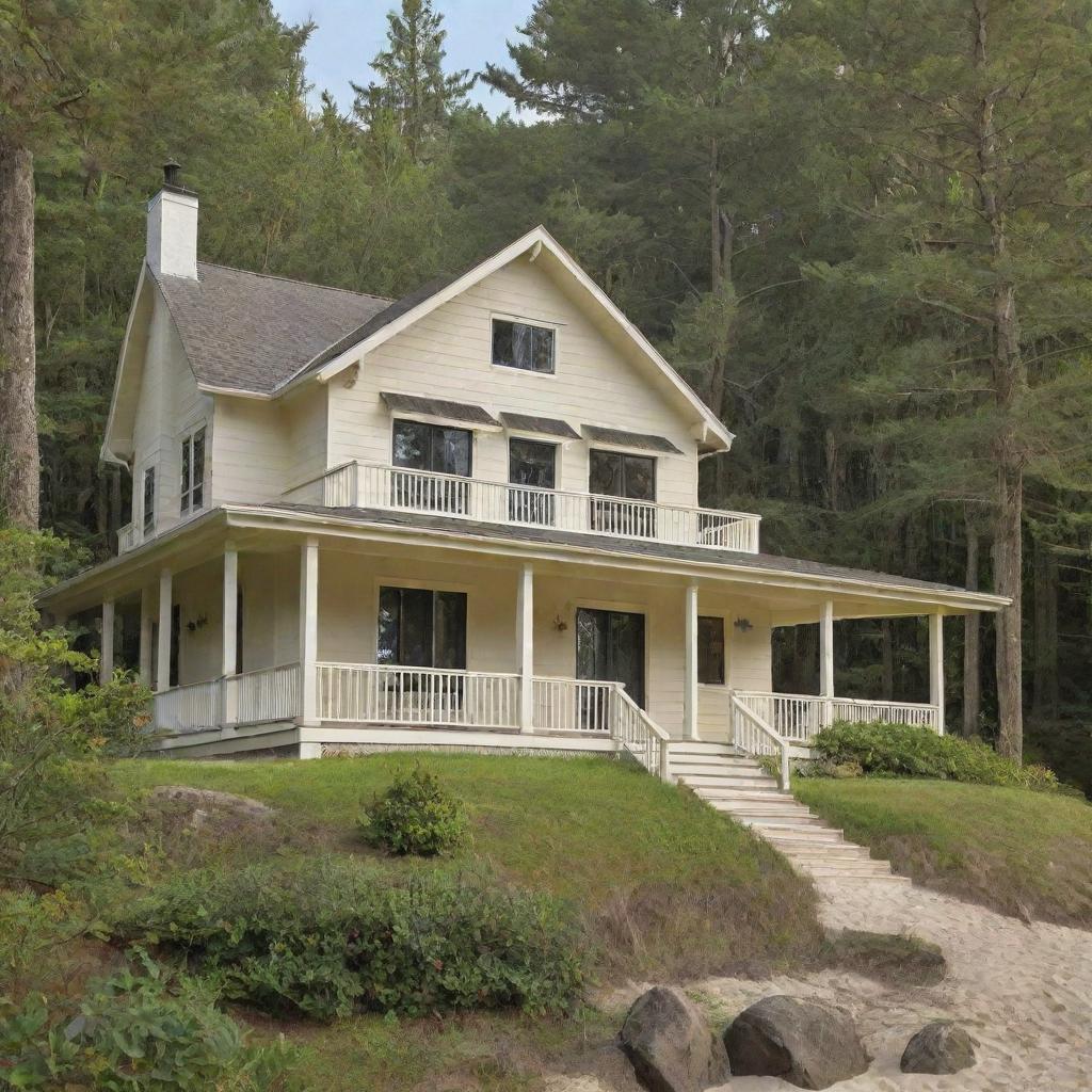 The house has slightly less modern influences, reverting back to its charm, now painted in a cozy cream color, nestled in either a peaceful forest or a serene beach.