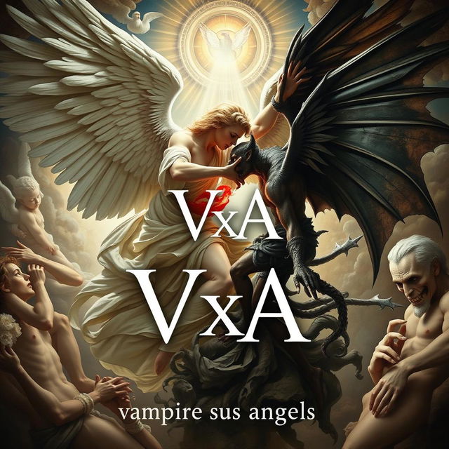 An artistic masterpiece titled "VxA" with the subtitle "vampire versus angels"