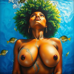 A polished, oil-based painting depicting an up-close macro aerial view of a full nude gorgeous black woman with a bright green tree afro