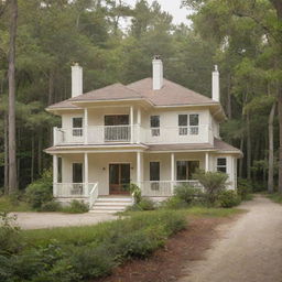 The house has slightly less modern influences, reverting back to its charm, now painted in a cozy cream color, nestled in either a peaceful forest or a serene beach.