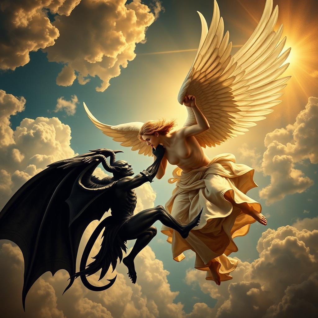 A dramatic and classical image depicting a celestial battle between an angel and a demon vampire, inspired by the grand style of Michelangelo's Sistine Chapel