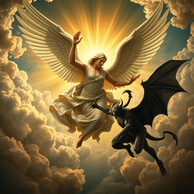 A dramatic and classical image depicting a celestial battle between an angel and a demon vampire, inspired by the grand style of Michelangelo's Sistine Chapel