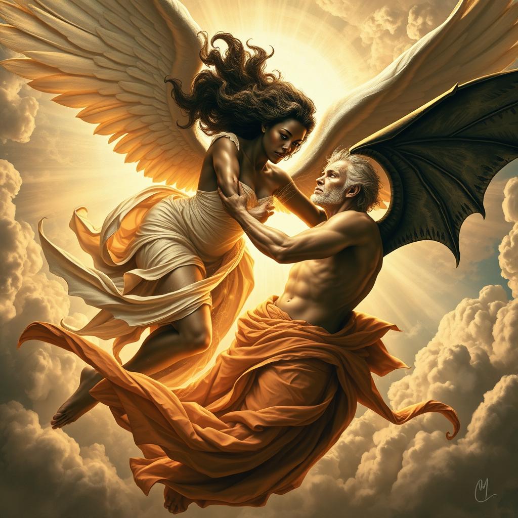 A powerful and classical image depicting a divine battle between a black woman angel and a demon vampire, reminiscent of Michelangelo's Sistine Chapel