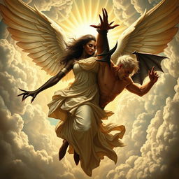 A powerful and classical image depicting a divine battle between a black woman angel and a demon vampire, reminiscent of Michelangelo's Sistine Chapel