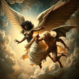 A powerful and classical image depicting a divine battle between a black woman angel and a demon vampire, reminiscent of Michelangelo's Sistine Chapel