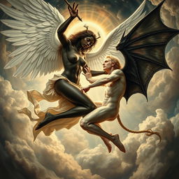 A powerful and classical image depicting a divine battle between a black woman angel and a demon vampire, reminiscent of Michelangelo's Sistine Chapel