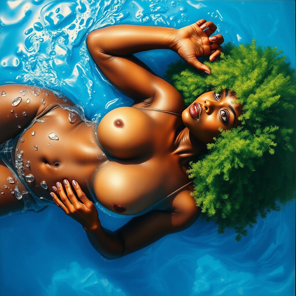 A polished, oil-based painting depicting a full nude macro up-close aerial view of a gorgeous black woman with a bright green tree afro