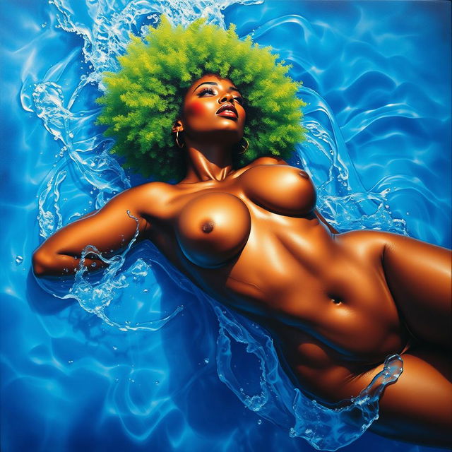 A polished, oil-based painting depicting a full nude macro up-close aerial view of a gorgeous black woman with a bright green tree afro