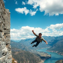 Tom Cruise hanging from a grand, ancient stone bridge, set against a picturesque landscape with mountains and a serene river below