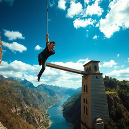 Tom Cruise hanging from a grand, ancient stone bridge, set against a picturesque landscape with mountains and a serene river below