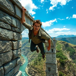 Tom Cruise hanging from a grand, ancient stone bridge, set against a picturesque landscape with mountains and a serene river below