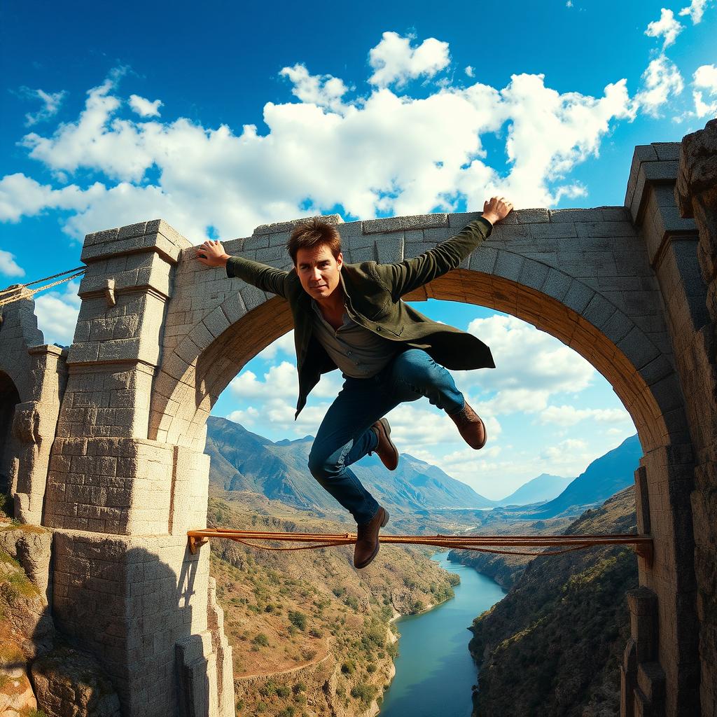 Tom Cruise hanging from a grand, ancient stone bridge, set against a picturesque landscape with mountains and a serene river below