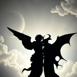 A dramatic and timeless image capturing the silhouettes of an angel and a demon vampire locked in battle, reminiscent of Michelangelo's Sistine Chapel