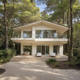 The charming house now embraces a balance of traditional and modern aesthetics, painted in a warm cream color, resting comfortably in a graceful forest or beside a calming beach.