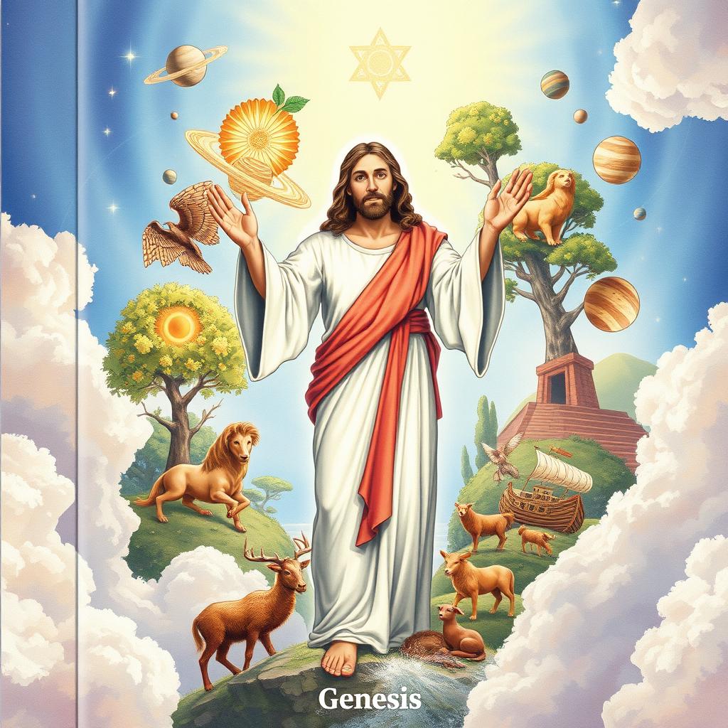 an illustrated book cover featuring Jesus Christ as a central figure, with various symbolic elements from the Book of Genesis surrounding Him