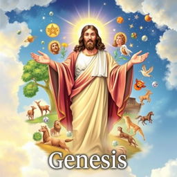 an illustrated book cover featuring Jesus Christ as a central figure, with various symbolic elements from the Book of Genesis surrounding Him