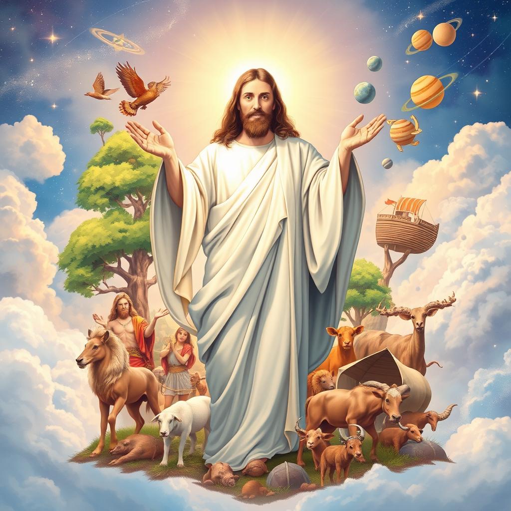 an illustrated book cover featuring Jesus Christ as a central figure, with various symbolic elements from the Book of Genesis surrounding Him