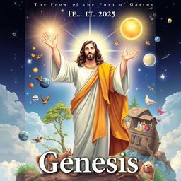 an illustrated book cover featuring Jesus Christ as a central figure, with various symbolic elements from the Book of Genesis surrounding Him