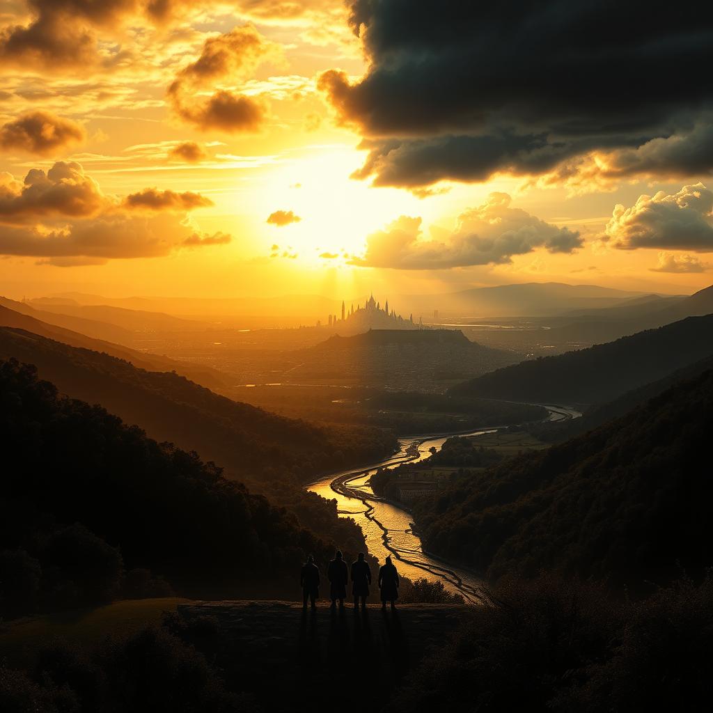 A beautiful, serene landscape featuring a golden sunset over lush hills and peaceful rivers