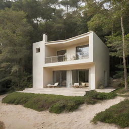 The charming house now embraces a balance of traditional and modern aesthetics, painted in a warm cream color, resting comfortably in a graceful forest or beside a calming beach.