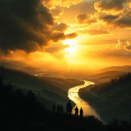 A beautiful, serene landscape featuring a golden sunset over lush hills and peaceful rivers