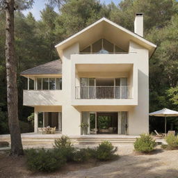 The charming house now embraces a balance of traditional and modern aesthetics, painted in a warm cream color, resting comfortably in a graceful forest or beside a calming beach.