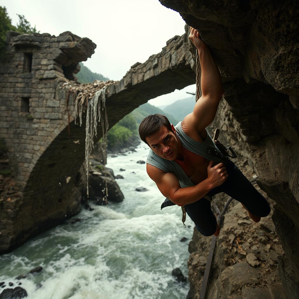 Tom Cruise hanging from a broken, crumbling stone bridge high above a turbulent river, showcasing an intense action scene