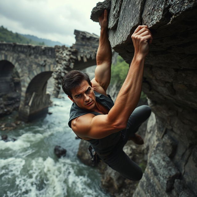 Tom Cruise hanging from a broken, crumbling stone bridge high above a turbulent river, showcasing an intense action scene