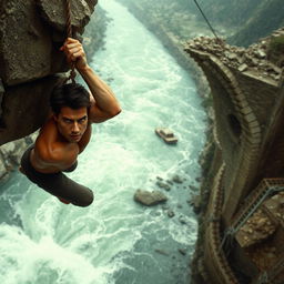 Tom Cruise hanging from a broken, crumbling stone bridge high above a turbulent river, showcasing an intense action scene