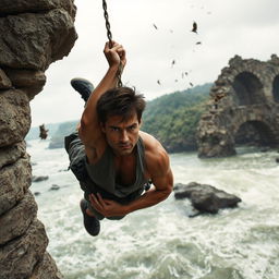 Tom Cruise hanging from a broken, crumbling stone bridge high above a turbulent river, showcasing an intense action scene