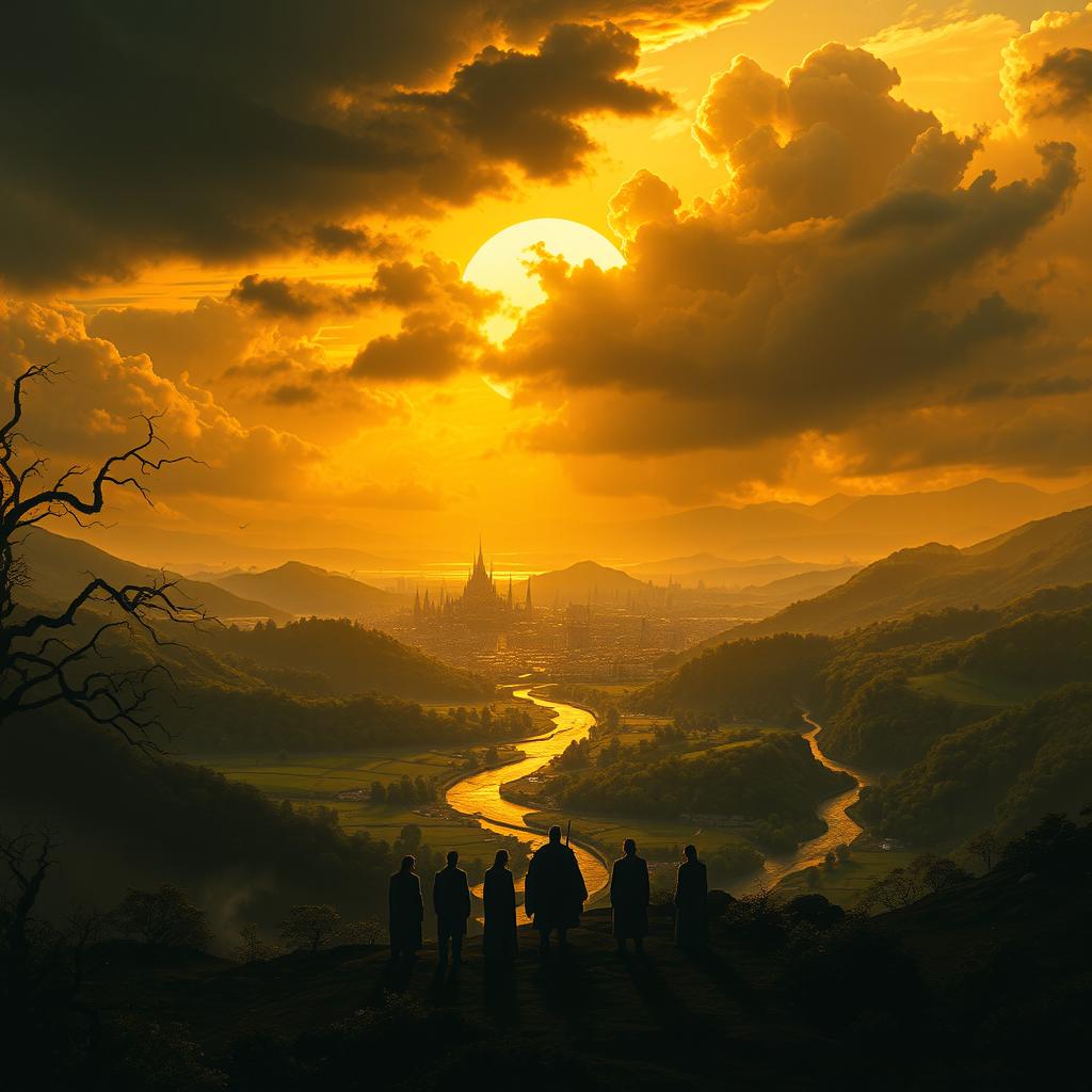 A beautiful, serene landscape featuring a golden sunset over lush hills and peaceful rivers