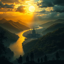 A beautiful, serene landscape featuring a golden sunset over lush hills and peaceful rivers